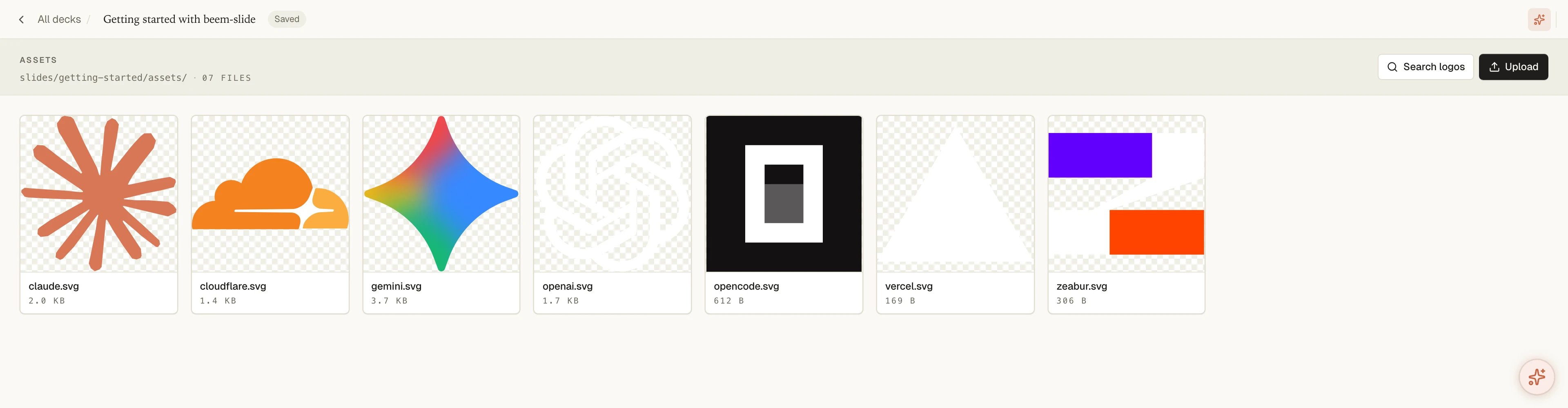 The assets panel listing the seven logo files in slides/getting-started/assets/, with the svgl logo search and upload buttons in the header