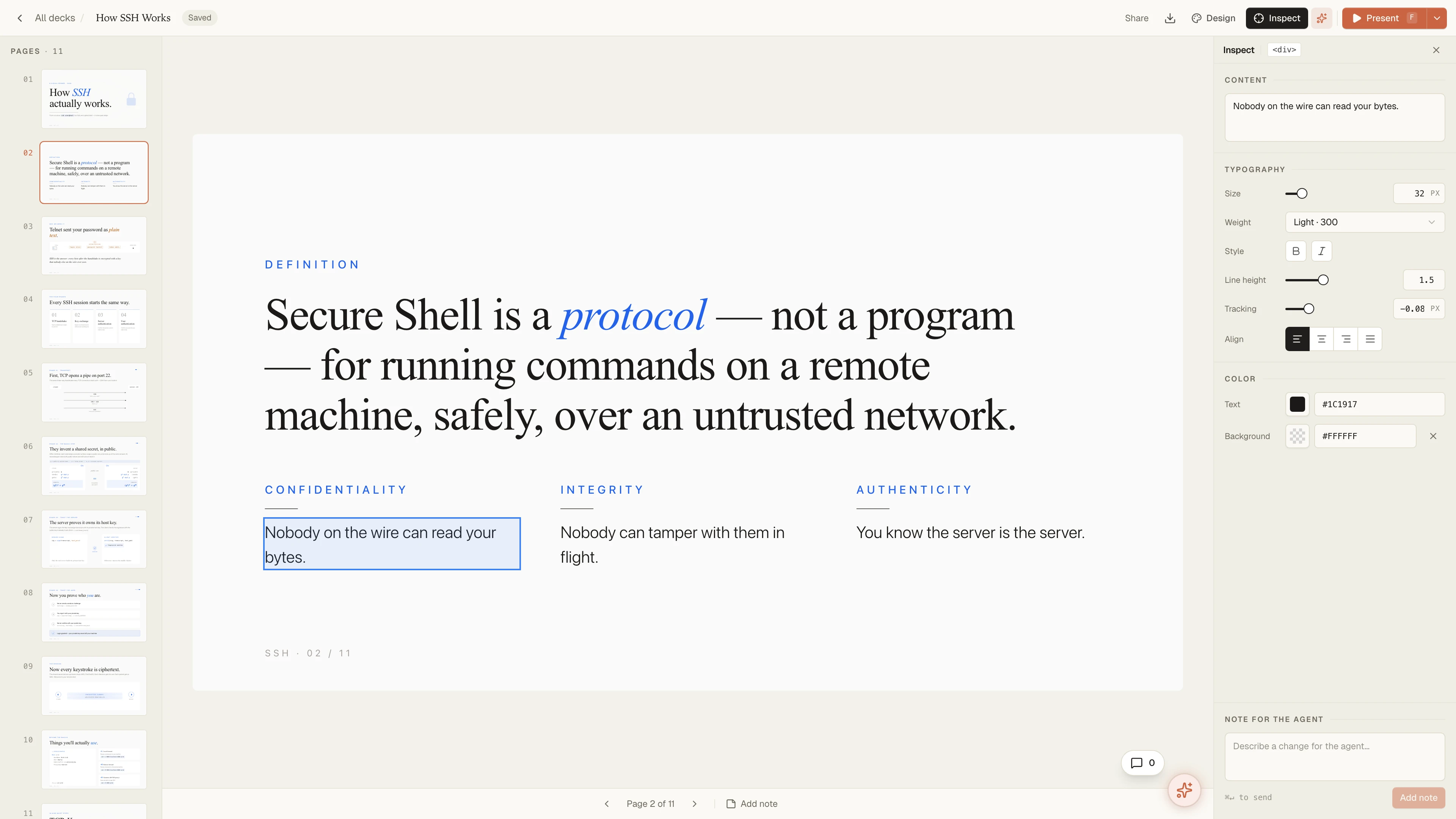 The beem-slide inspector: a selected line of body text on the canvas, with its content, typography, and colour in the property panel on the right